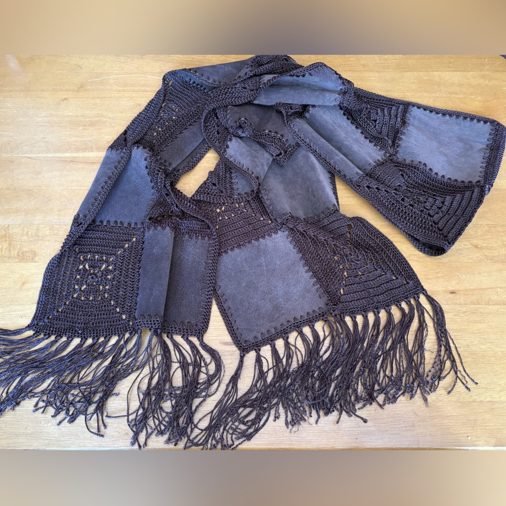 Vintage Crochet Patchwork Suede Scarf